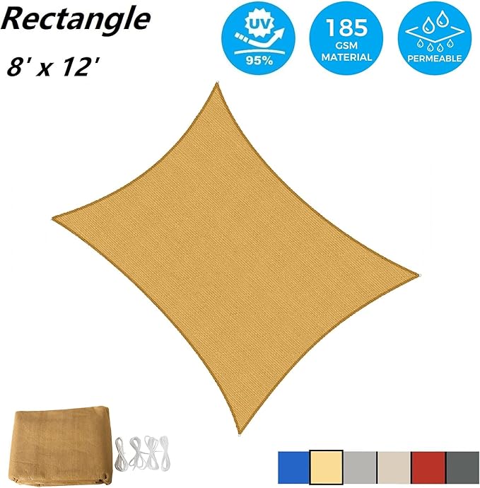AsterOutdoor Sun Shade Sail Rectangle 8' x 12' UV Block Canopy - Image 2