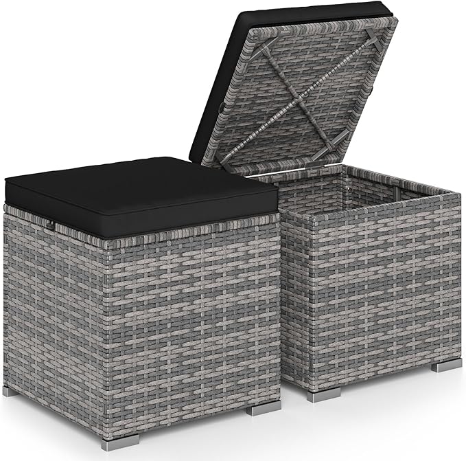Tangkula 2 Pieces Patio Ottomans, Patiojoy Hand-Woven PE Rattan Side Table by TANGKULA