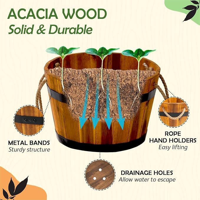 Set of 3 Wooden Flower Boxes Outdoor, Durable Acacia Wood Barrel Planters - Image 4