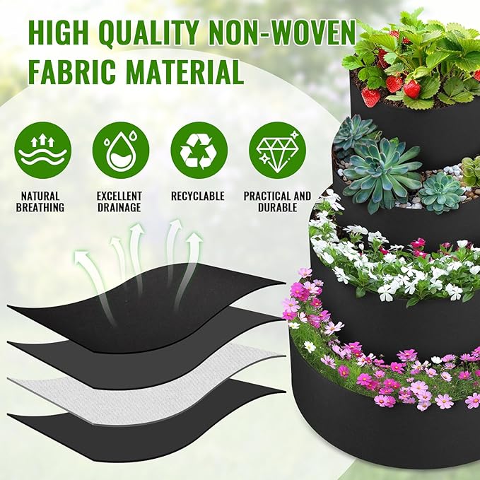 4 Pcs Plant Grow Bags 4 Tiered Strawberry Planter Tower Fabric Raised Garden - Image 3
