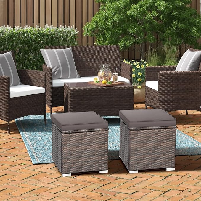 RELAX4LIFE Wicker Outdoor Storage Ottoman, 2-Piece Rattan Footstool w/Removable - Image 9