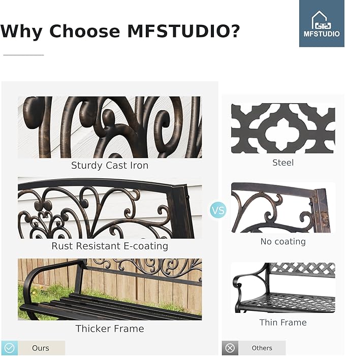 MFSTUDIO 50 Inches Outdoor Garden Bench, Cast Iron Metal Frame Patio Park Bench - Image 7