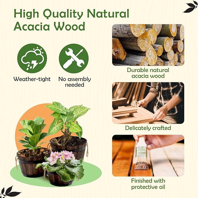 Set of 3 Wooden Flower Boxes Outdoor, Durable Acacia Wood Barrel Planters - Image 4
