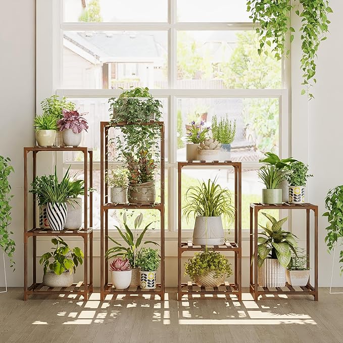 Bamworld Plant Stands Indoor 4 Sets Plant Shelves Outdoor Wooden Plant Holder by Bamworld