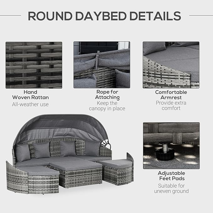 Outsunny 4-Piece Outdoor Rattan Furniture Set, Round Convertible Patio Daybed - Image 5