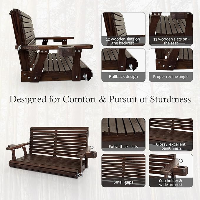 Wooden Porch Swing 2-Seater, High Backrest and Deep Seat, Bench Swing - Image 5