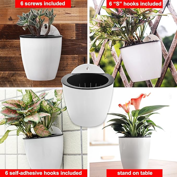 ORIMERC 6 Pack White Self Watering Wall Hanging Planter Pots Vertical Garden - Image 3