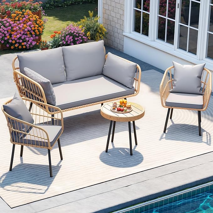 DWVO Patio Furniture Set 4 Pieces Boho Wicker Bistro Set, All Weather Outdoor by DWVO