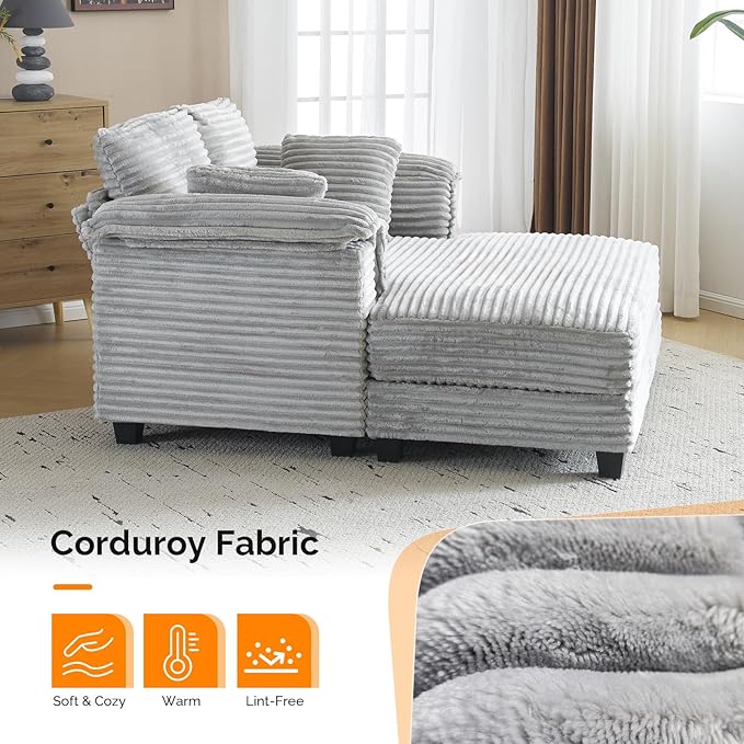 VINGLI 56" Oversized Chaise Lounge Chair, Light Grey Comfy Corduroy Chaise Sofa - Image 7