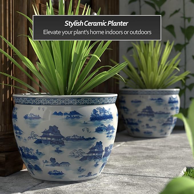 Red Lantern 20" Porcelain Fishbowl Blue & White Landscape Planter - Image 2