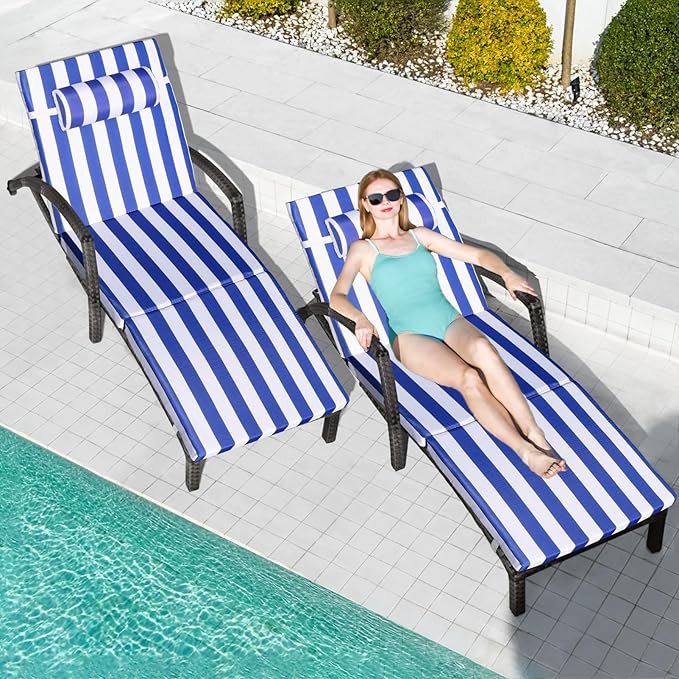 Chaise Lounge Chairs Outdoor Set of 2, Comfy Outside Wicker Patio Pool Lounge by ZZWHOM