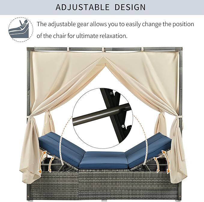 Patio Chaise Lounge, Four-sided Canopy, Overhead Curtain and Blue Cushions - Image 2