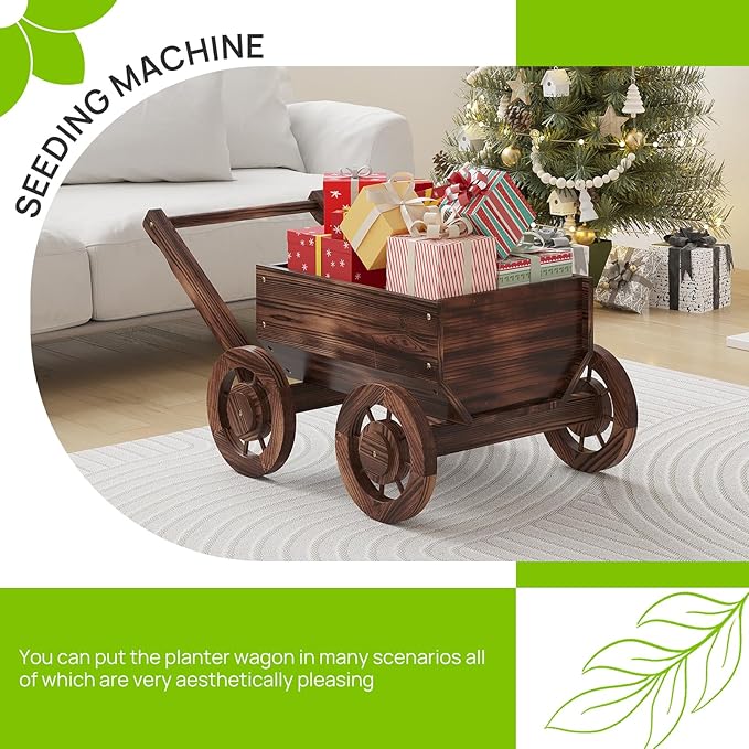 Wooden Flower Cart with Wheels Wooden Wagon Planter Outdoor Garden Planter - Image 5