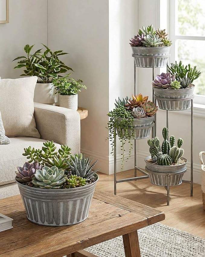 vensovo 10 Inches Silver Metal Rustic Plant Pots - Image 4