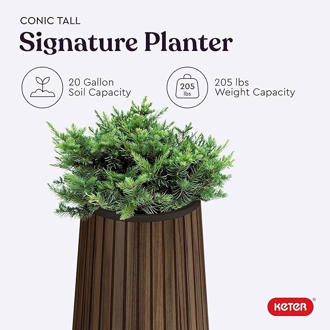 Keter Signature Conic 28.5 Inch Tall Round Large Wood Look Planter - Image 10