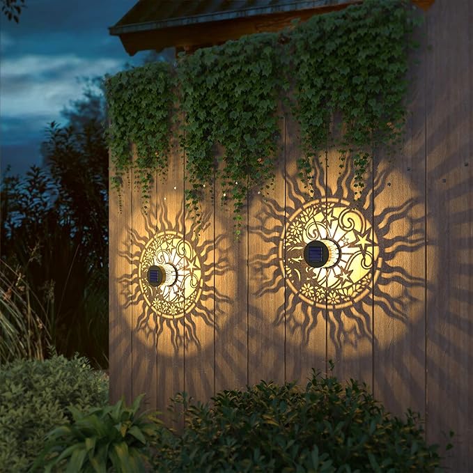 4 Pack Solar Fence Lights Metal Solar Powered Outdoor Wall Deck Lights Sun Moon - Image 7