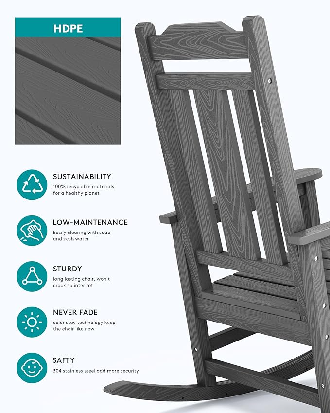 SERWALL Oversized Rocking Chair Outdoor, HDPE Outdoor Rocking Chair - Image 6