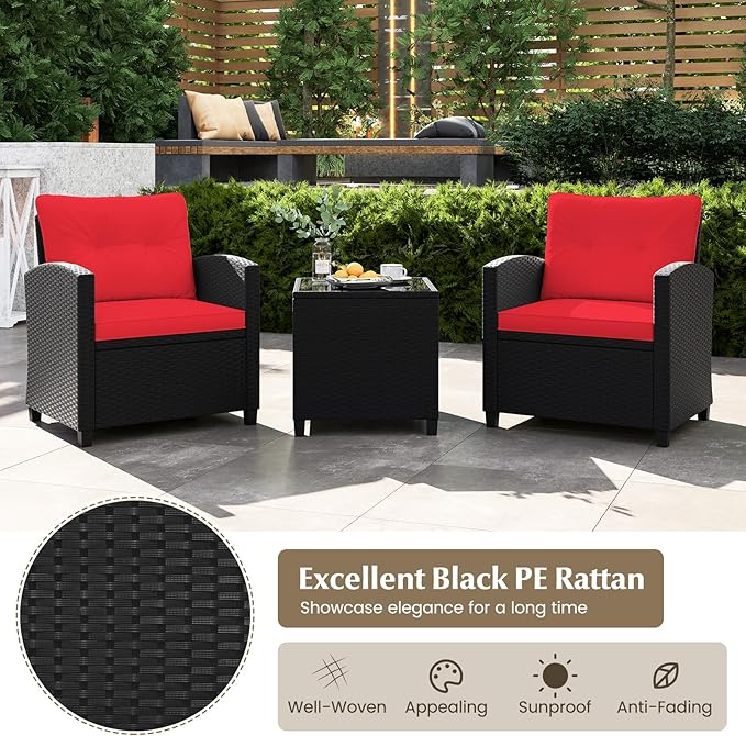 Tangkula 3 Pieces Patio Furniture Set, Rattan Conversation Set w/Soft Seat & - Image 6