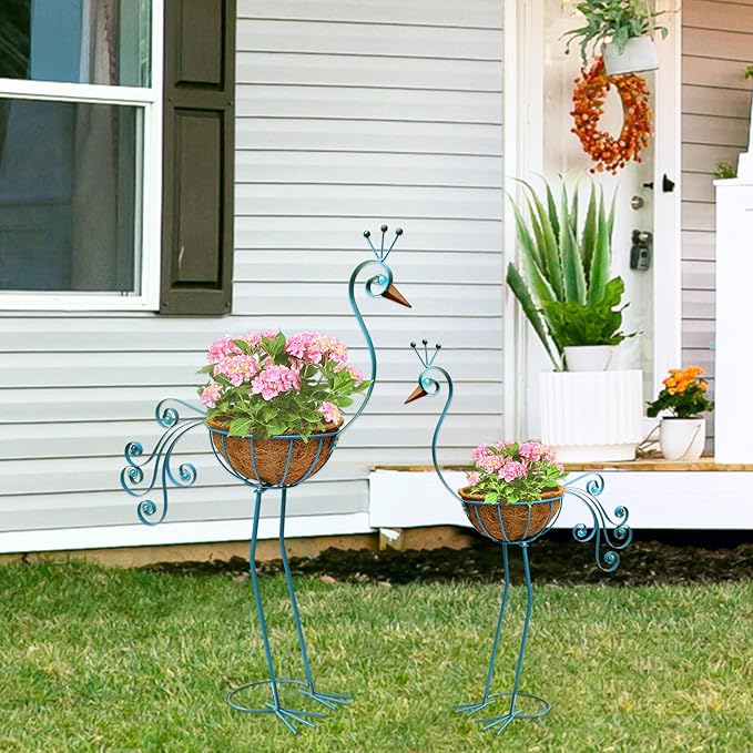 Metal Peacock Planter with Fiber Basket -Garden Bird Planters - Image 2
