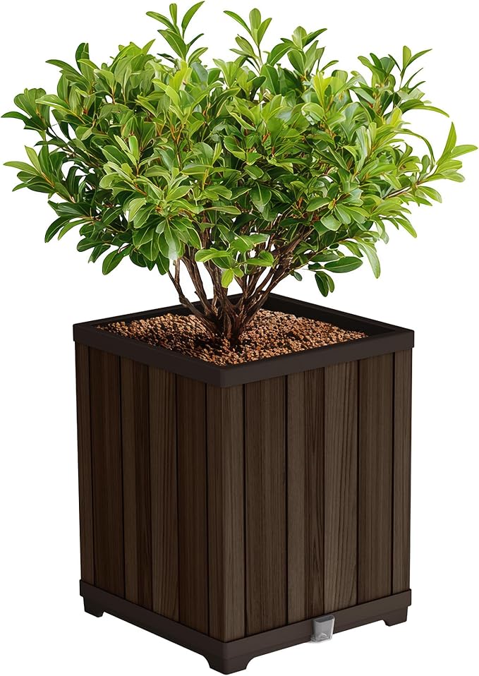 Keter Signature 21.6 Inch Tall Square Large Wood Look Planter by Keter