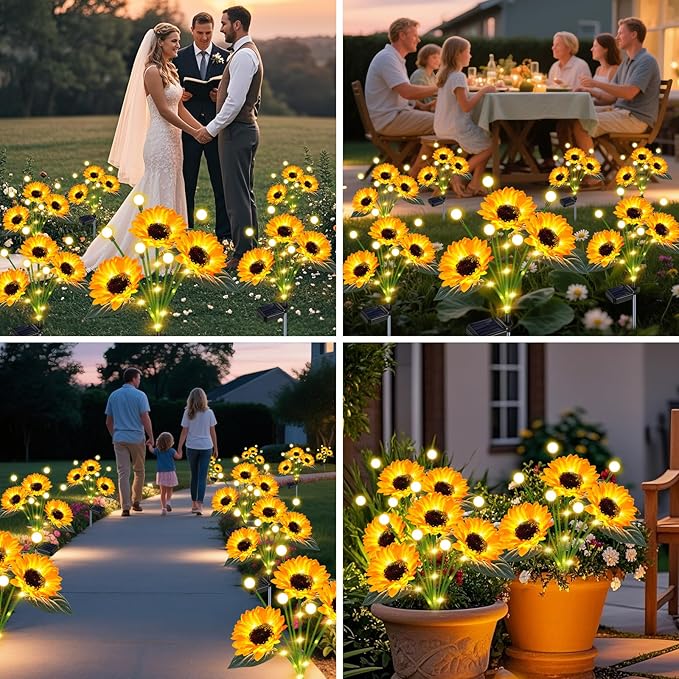 Sunflower Solar Lights Outdoor Garden Decor, Upgraded 4 Pack Solar Sunflowers - Image 2