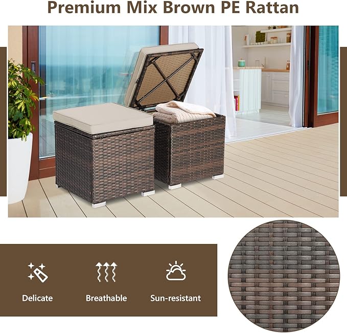 Tangkula 2 Pieces Patio Ottomans, Patiojoy Hand-Woven PE Rattan Side Table - Image 7