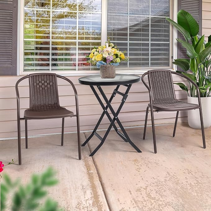 VINGLI PE Rattan Outdoor Dining Chairs Set of 4, Plastic Stackable Patio Chairs - Image 7