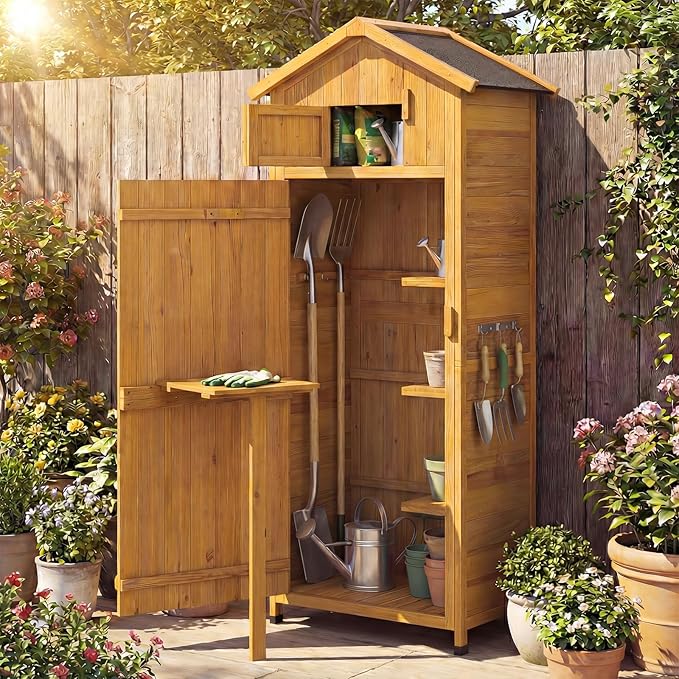 Goplus All-in-One Storage Shed, Vertical Utility Tool Organizer w/Shelves & - Image 7