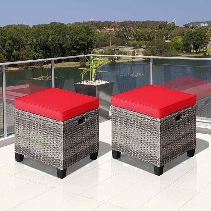 Tangkula 2 Pieces Patio Rattan Ottomans, Outdoor Wicker Footstool Footrest Seat - Image 5