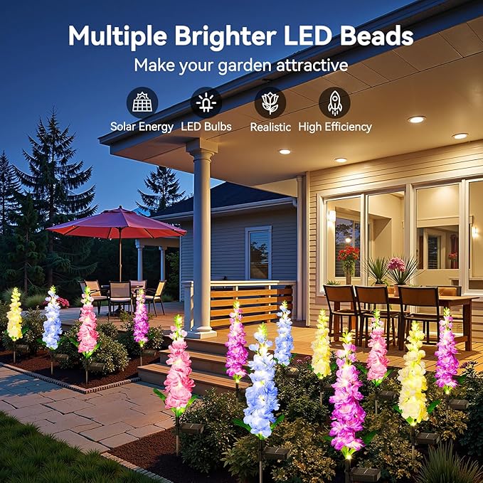 KOOPER Solar Lights Outdoor Garden Decor, 8 Pack Upgraded Delphinium Solar - Image 2