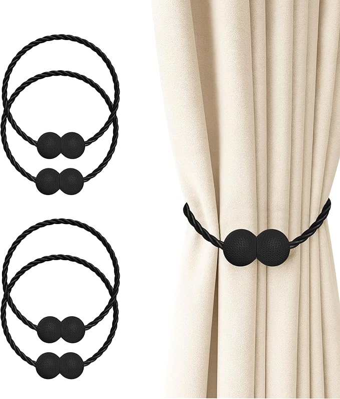 Hion Magnetic Curtain Tiebacks 4 Pack, Nickel-plated Metal and Polyester by Hion