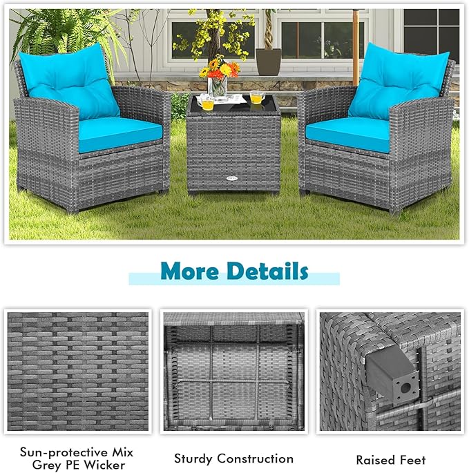 Tangkula 3 Pieces Patio Furniture Set, Outdoor PE Rattan Conversation Chair Set - Image 8