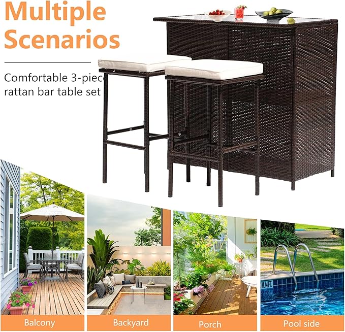 PayLessHere Rattan Bar Set 3Pcs Patio Wicker Bistro Set Sturdy Frame Bar Height - Image 5