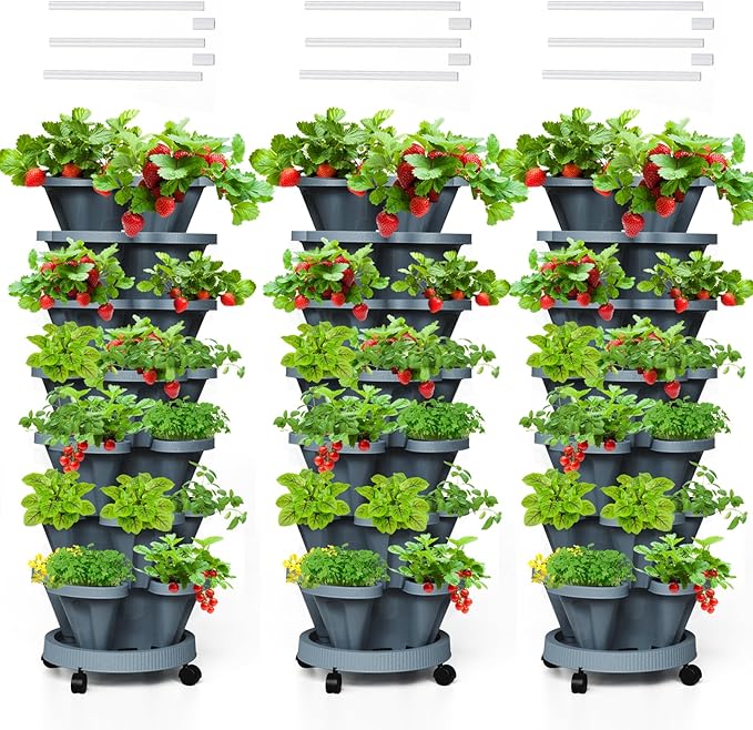 Strawberry Vertical Planters Tower Garden 3 Pack, 7 Tiered Stacking Herb by Tectsia