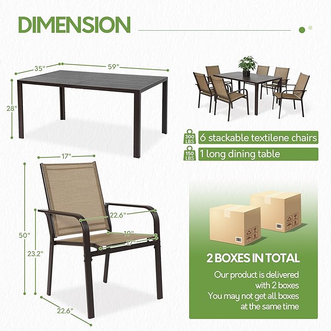 7 Piece Patio Dining Set for 6, 6 Stackable Textilene Chairs and 1 Dining Table - Image 2
