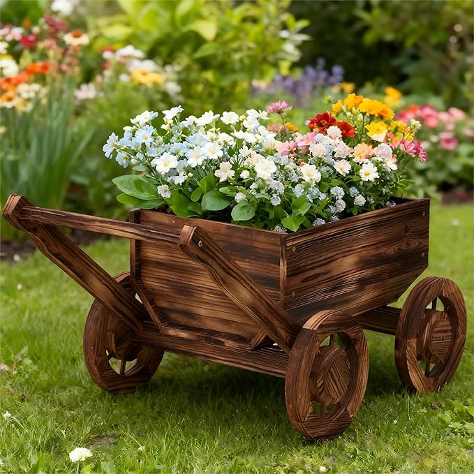 Wooden Flower Cart with Wheels Wooden Wagon Planter Outdoor Garden Planter - Image 4