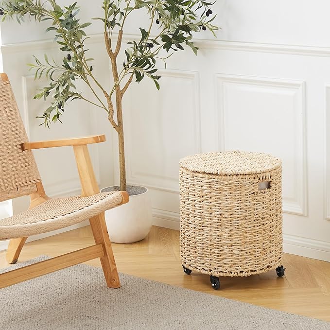Wimarsbon Round Pouf Ottomans, Handwoven Natural Water Hyacinth Seagrass Pouffe - Image 6