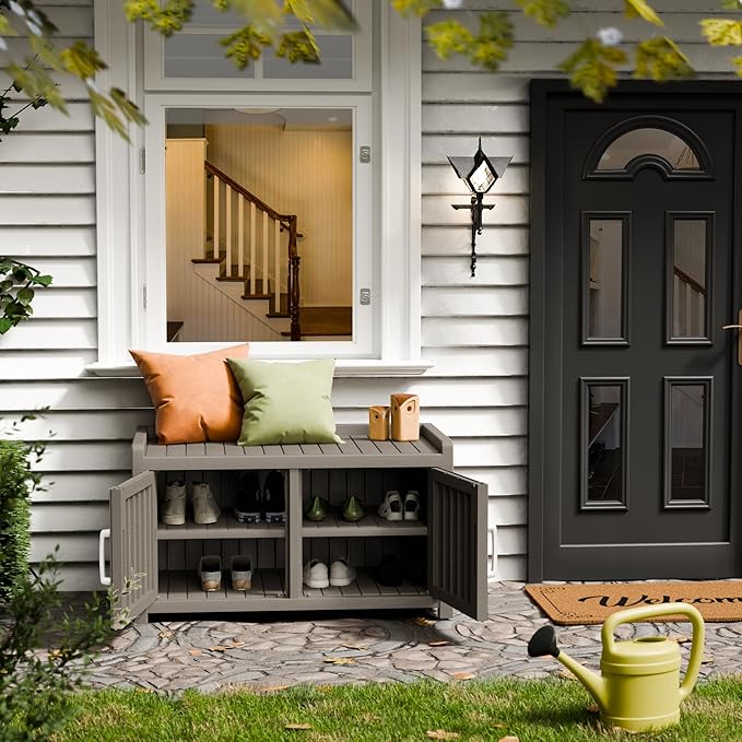 Storage Bench - 2 Doors Waterproof Resin Shoe Bench - Indoor & Outdoor Use - Image 2