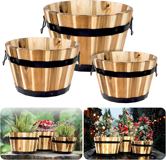 Idzo Set of 3 Wooden Flower Boxes Outdoor, Durable Acacia Wood Barrel Planters by Idzo