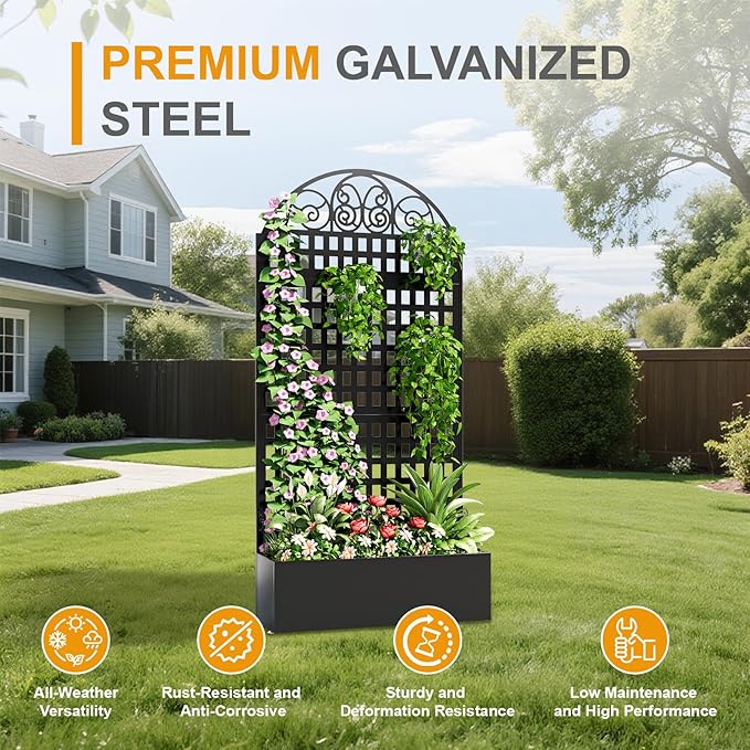Metal Raised Garden Bed with Trellis, Freestanding Divider Fence with Drainage - Image 2