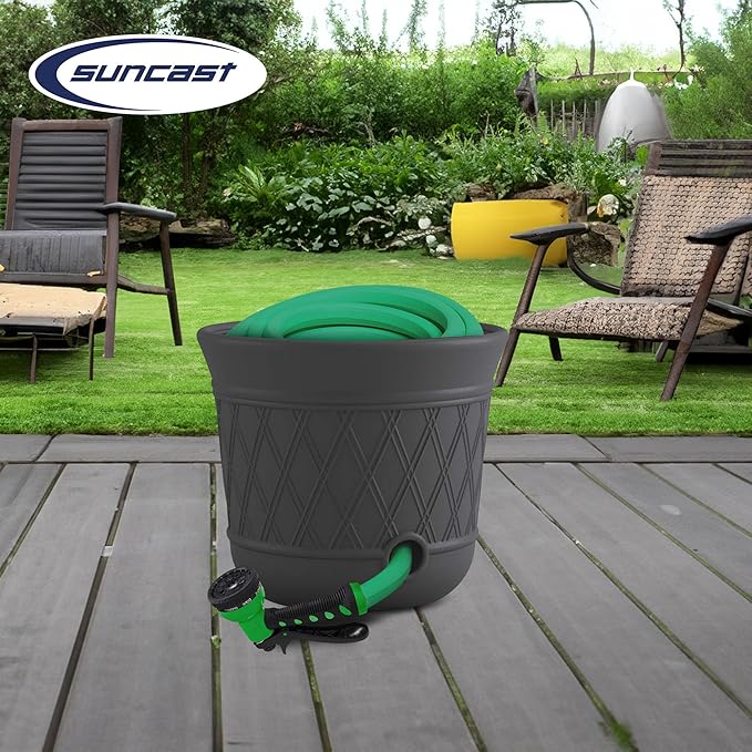 Suncast Lattice Hose Pot for Outdoor Garden Storage, Peppercorn - Image 4