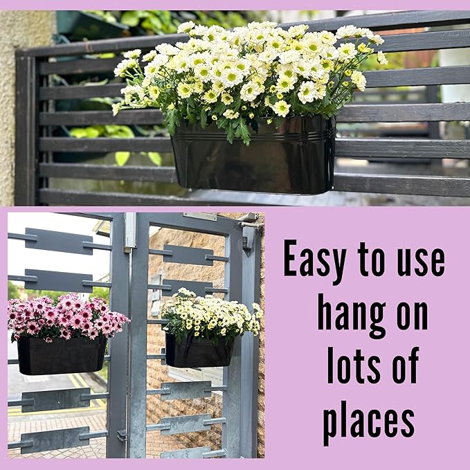 LaLaGreen Outdoor Plants Rail Planter Black Metal Iron Hanging Flower Oval Pots - Image 7