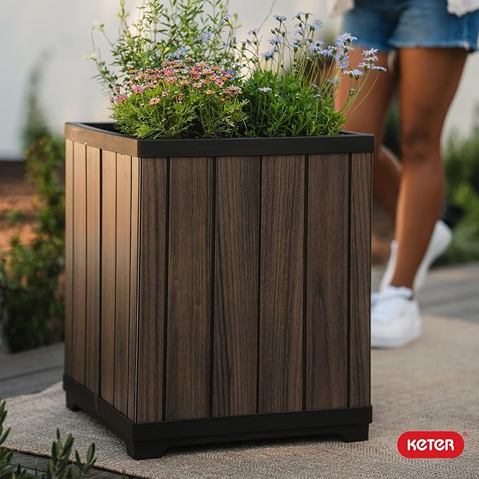 Keter Signature 21.6 Inch Tall Square Large Wood Look Planter - Image 12