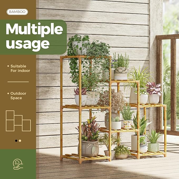 Bamworld Bamboo Plant Stand Indoor Boho Plant Shelf Tiered Plant Rack - Image 3