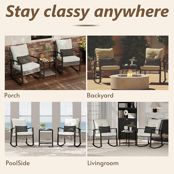 3 Piece Patio Rocking Chairs Set of 2, Outdoor Rocking Chair Bistro Set - Image 7