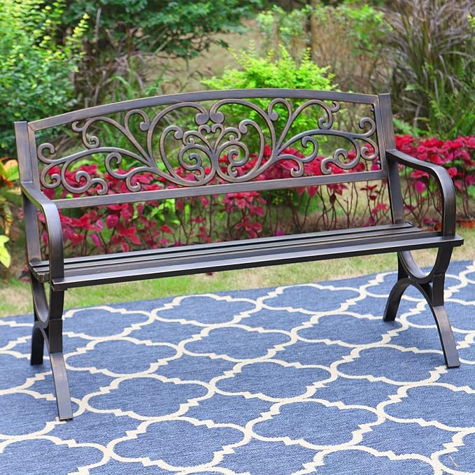 MFSTUDIO 50 Inches Outdoor Garden Bench, Cast Iron Metal Frame Patio Park Bench by MFSTUDIO