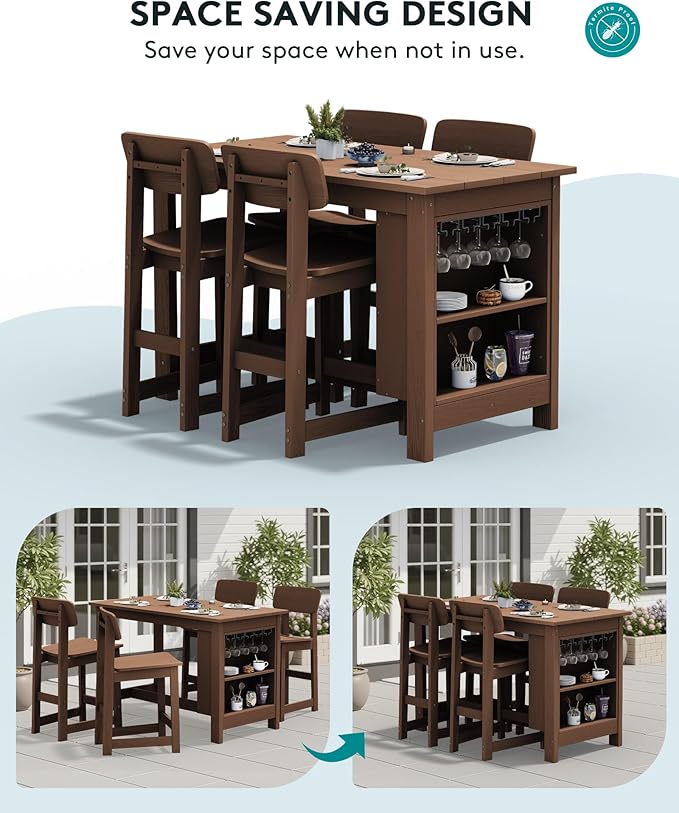 SERWALL Outdoor Bar Table and Chairs Set, 5-Piece HDPE Counter Height Patio - Image 5
