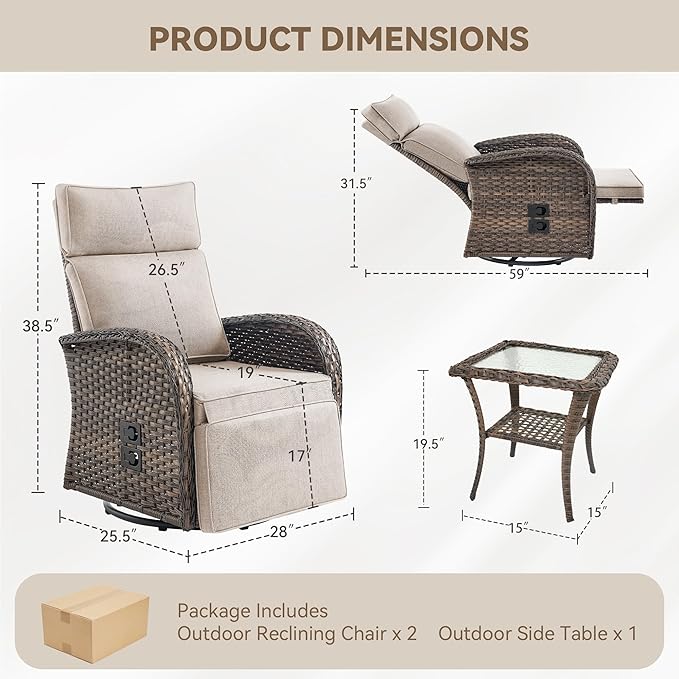 3 Pieces Zero Gravity Patio Swivel Rocking Recliner Chairs Set of 2 - Image 2