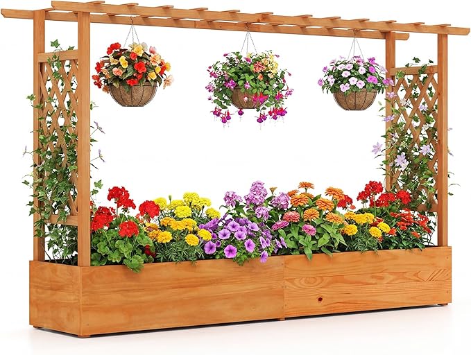 Giantex Raised Garden Bed with Trellis & Hanging Roof, Wood Planter Box with by Giantex