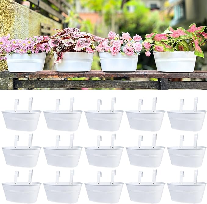 LaLaGreen Planter Boxes Outdoor White Metal Iron Hanging Flower Pots Deck by L%C3%A1L%C3%A1Green